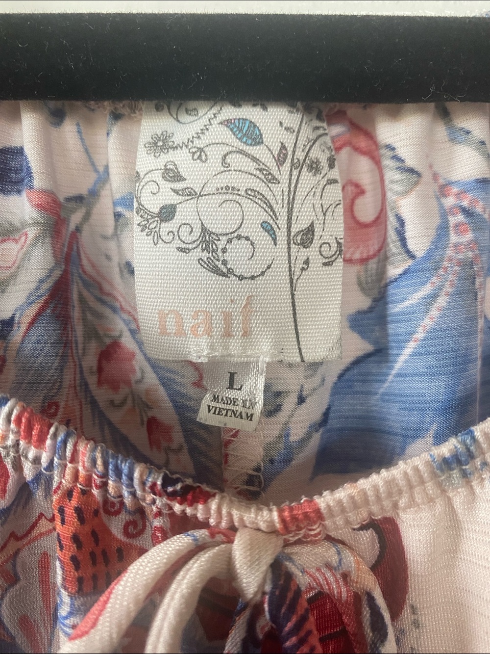 NAIF Tunic Light Pink Blue Red Coral Floral & Paisley Tie-Neck Split Sleeve Sz L - Picture 4 of 11